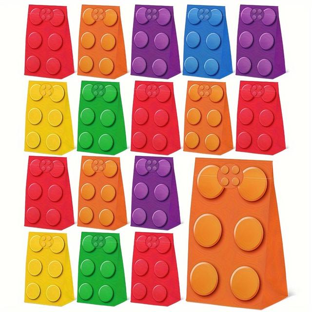 TEMU مجموعة من 12 كيس ورقي نابض بالحياة يتميز بتصميم مكعبات بناء، مع ملصقات، مثالية لتزيين حفلات أعياد الميلاد