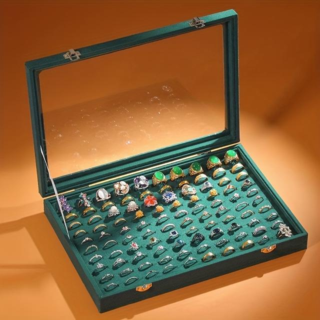 TEMU Eine Schmuckschatulle aus Flanell mit Fächern für Ringe, große Kapazität zur Aufbewahrung von Ringen, Schmuckring-Ausstellungsbox mit transparentem Deckel