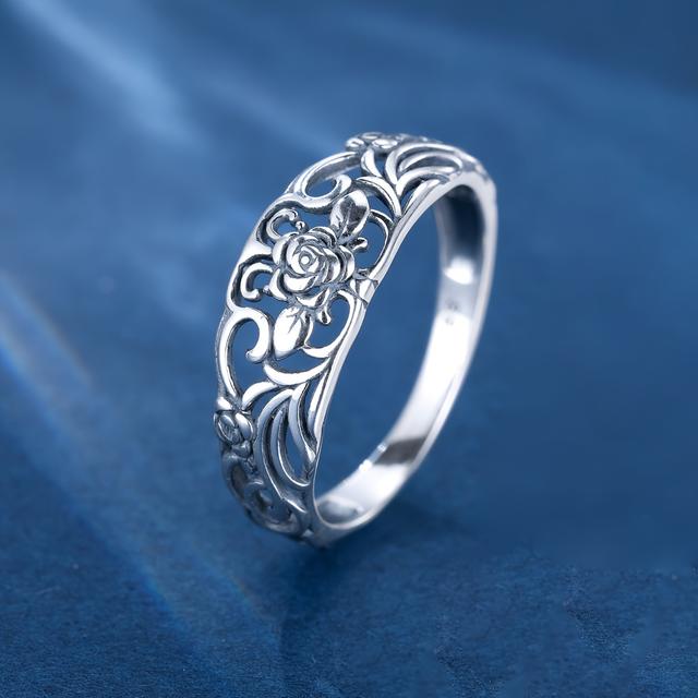 TEMU Sterling Silver S925 Rose Flower Hollow Ring Women's Engagement Ring 2.2g