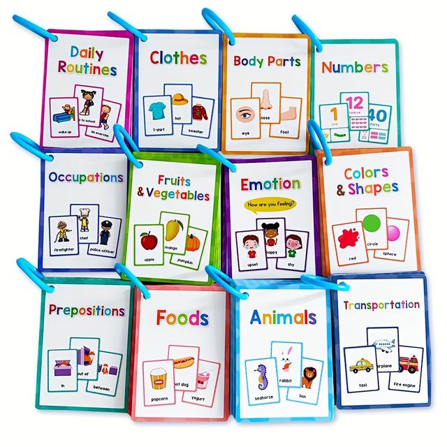 TEMU 12 Thèmes de Cartes d'Apprentissage - 386 en Anglais, Couleurs et Chiffres pour Enfants, Jouets Éducatifs Préscolaires, Fournitures Scolaires Cadeaux pour Maternelle