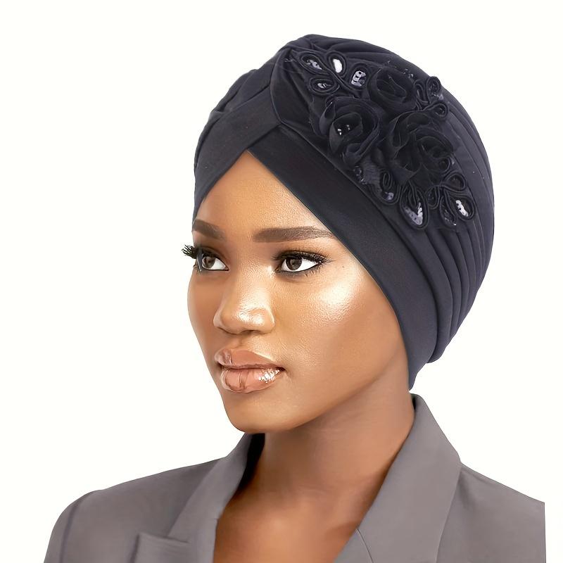 TEMU Ladies' Sequined Headscarf Turban, Pleated Indian Cap, Solid Color Worship Hat, Ethnic Cap
