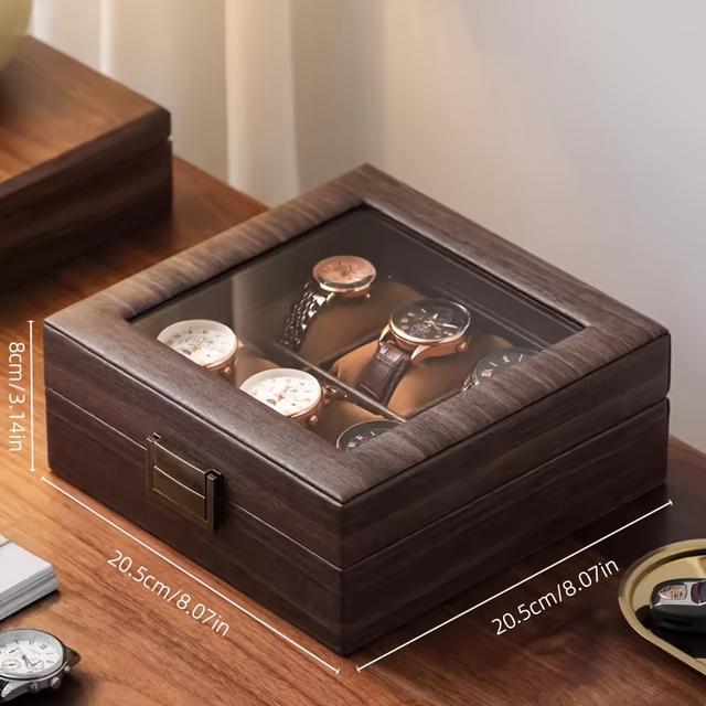 TEMU Elegant Wood Grain Leather Watch Storage Box - 4-slot Dustproof Display Case With , Closure For Home & Retail Use, Decorative Storage Box
