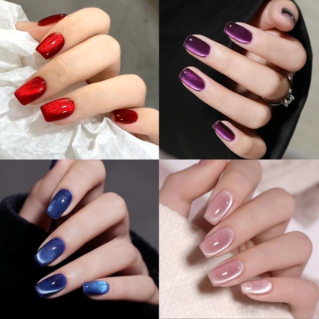 TEMU (96pcs) Glossy Short Square Nails Red Nude Pinkish Blue Purple Eye Fake Nails Fully Cover False Nails Reusable Fake Nail For Female Girls