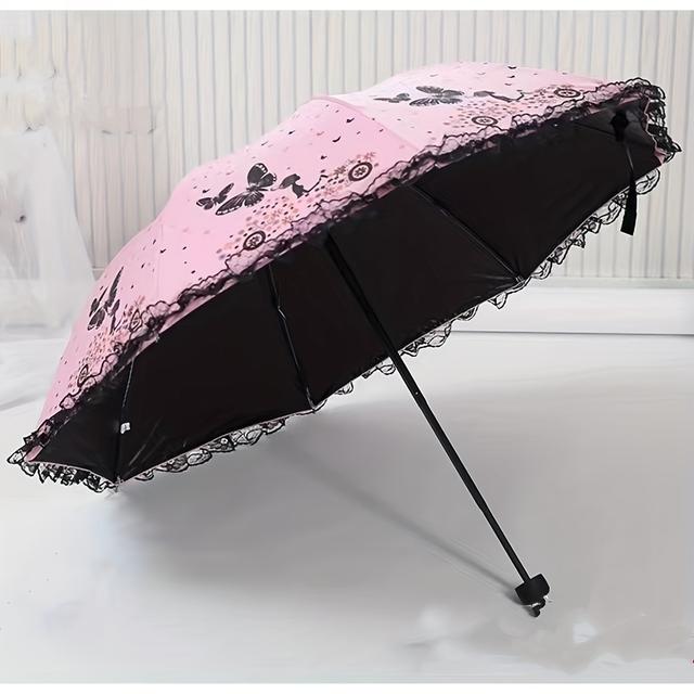 TEMU مظلة ثلاثية الطي سوداء من الفينيل بتصميم فراشات إبداعي وطباعة دانتيل، مقاومة لجميع الأحوال الجوية