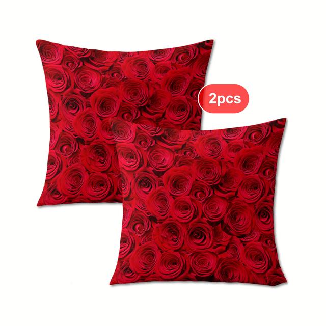 TEMU 2er-Set Rote Rosen Kissenbezüge, Boho-Chic Beidseitiges Design, Weiches Polyester, Reißverschluss - für Wohnzimmer & Schlafzimmer Dekor (Füllungen Nicht Enthalten)