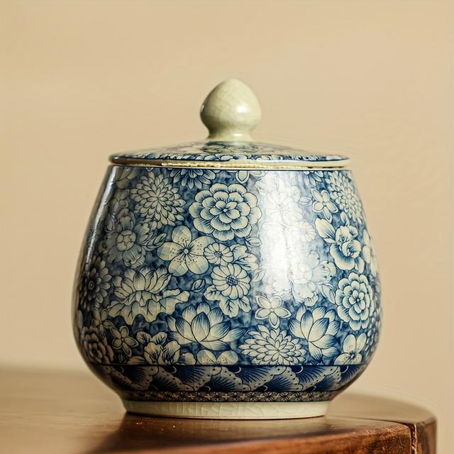 TEMU Vintage Blau-Weißes Porzellan Teebehälter - Keramik Aufbewahrungsglas für Tee, Kaffeebohnen und Getreide - Küchenorganizer