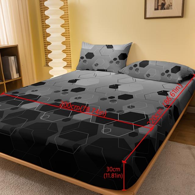 TEMU Soft & Cozy Geometric Print Fitted Sheet - Deep Pocket, Machine Washable Polyester Bedding For Bedroom And