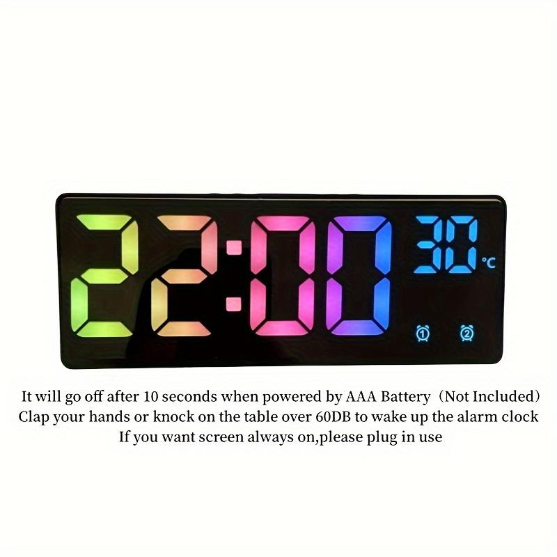 TEMU 1pc Voice Control Colorful Digital Alarm Clock Temperature Date 2 Alarms Brightness Table Clock 12/24h Anti-disturb Function Electronic Led Clock---without Battery
