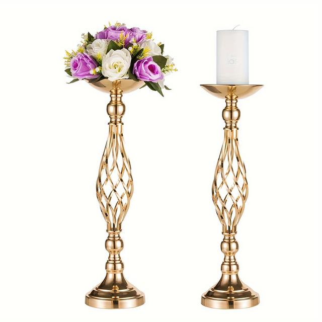 TEMU Set Of 2 Versatile Silvery Flower Stands And Pillar Candle Holders, Suitable For Wedding Parties, Banquets, Event Restaurants, Hotels, Christmas And Halloween Decorations.