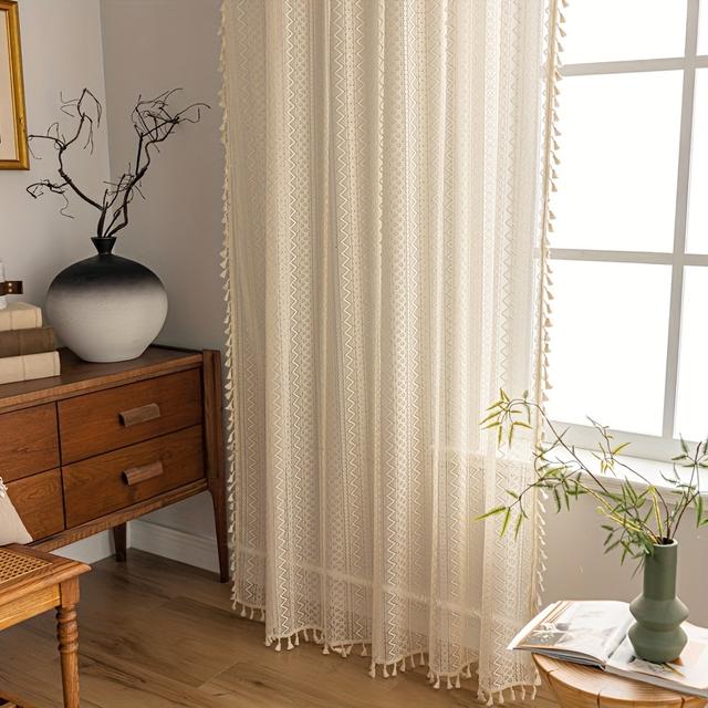 TEMU 2pcs Cortinas De Encaje Bohemio Cortinas De Borlas, Cortina De Bolsillo Para Dormitorio Comedor Cocina Decoración Del Hogar