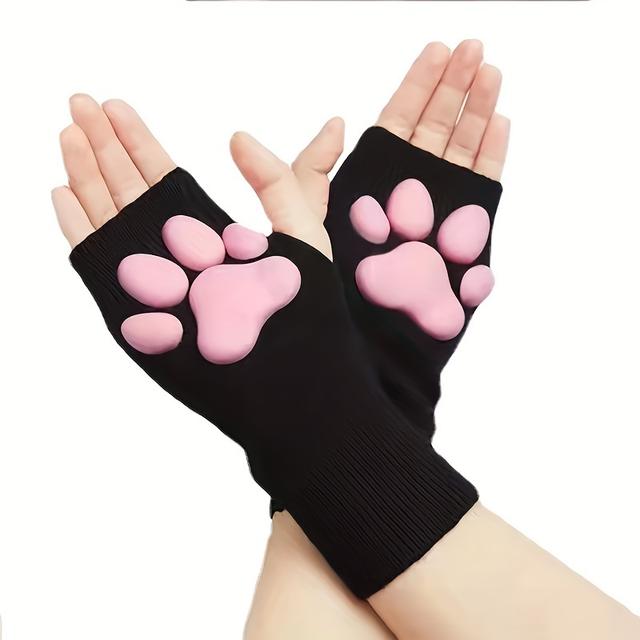 TEMU 3d Three-dimensional Cat Claw Gloves Cute Plush Knitted Fingerless Gloves Decoration Female Gloves