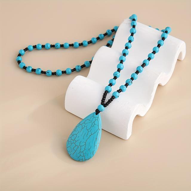 TEMU Wisiorek w kształcie łzy w stylu vintage bohemskim z turkusem, krótki naszyjnik, ręcznie robiony choker z turkusu