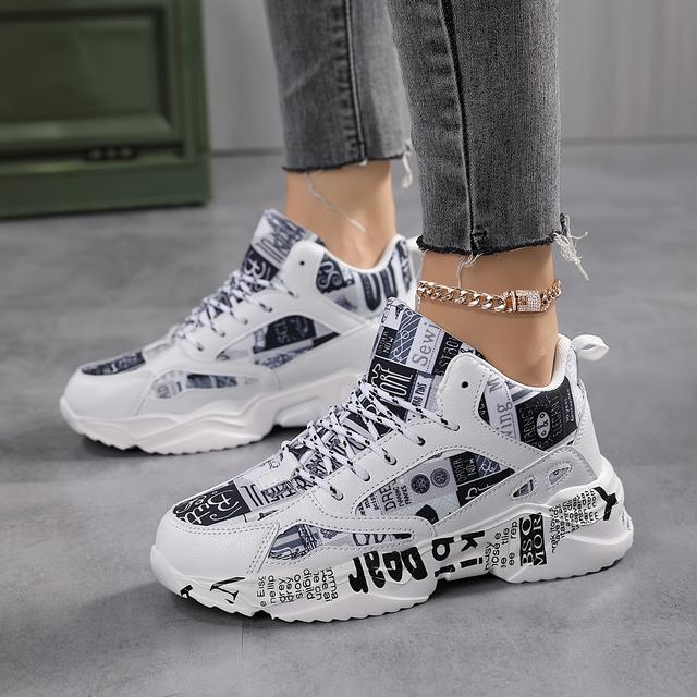TEMU Contrast Color Letter Detail Spliced Front Lace-up Fashion Women's Sneakers, Random Print Men's Shoes Comfortable Lightweight Thick-soled Height-increasing Couple Road Running Shoes