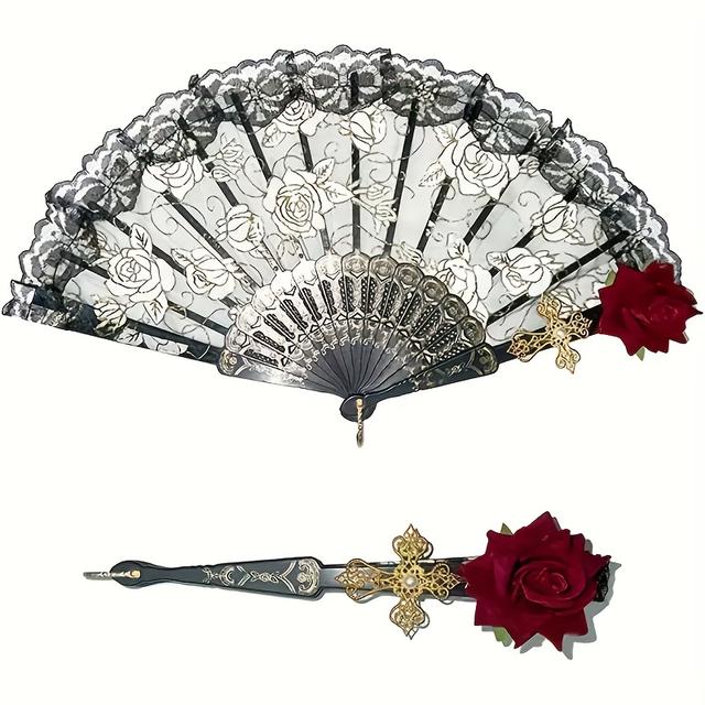 TEMU Vintage Spanish Flamenco Rose Lace Folding Fan - Elegant Black Handheld Fan, Parties & Weddings, Room Decor Suitable For Men And Women.