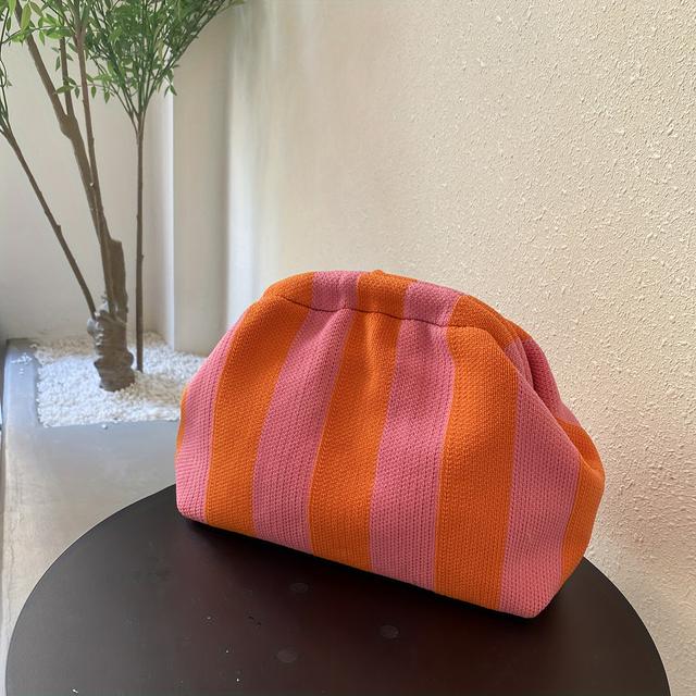 TEMU 1 Classic Vintage-inspired Striped Knit Clutch Bag - Chic Black & White Colorblock Design, Polyester, With Clasp Closure | Ideal For Travel & Use