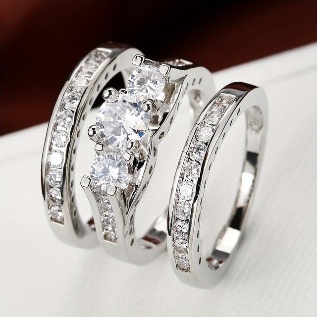 TEMU European And American Luxury Hip-hop Fashion Personality Ring Set With Micro-pave Synthetic Zirconia, Elegant 3pcs Ring Set For Women