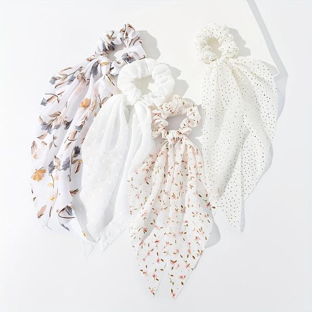 TEMU 4pcs Elegant Chiffon-like Hair Ties For - Soft Pastel & White Hair With Floral, Polka, Beige & Patterns, Delicate Hair Elastics For Ponytails, Buns, Parties, Weddings, Daily Use ()