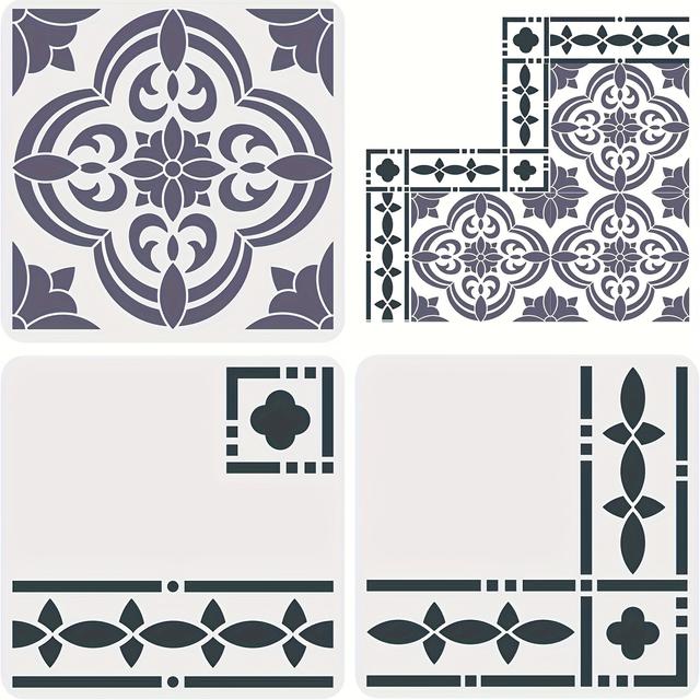 TEMU 3pcs Tile Stencil Kit, 11.8"x11.8" - Reusable Ivory Plastic Stencils With Intricate Patterns For Diy Home Decor, Patio, Wall & Floor Tiling - Includes & Corner Designs, Stencils Reusable