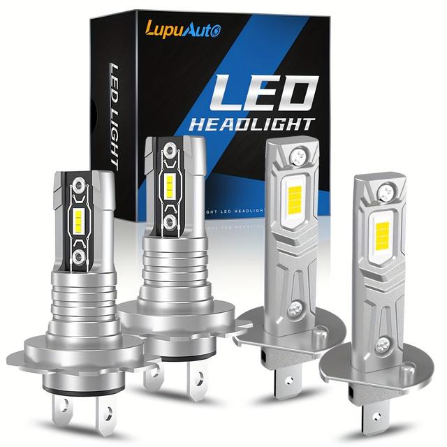 TEMU طقم مصابيح أمامية LED للسيارة Lupuauto مكون من أربعة قطع H7 H1، ضوء أبيض بارد 6500K مع سطوع 20000 لومن للضوء العالي/المنخفض H7 H1، مقاس 1:1، توصيل وتشغيل، بدون بطارية