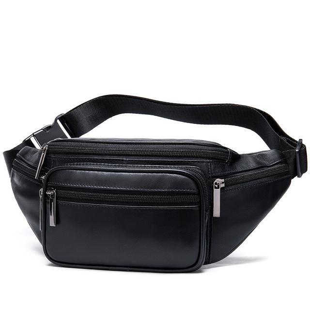 TEMU Mva Men's Genuine Leather Waist Bag - Cowhide, Multifunctional Sports Fanny Pack With Adjustable Strap & Zippered Compartments For Running, Outdoor Activities & Daily
