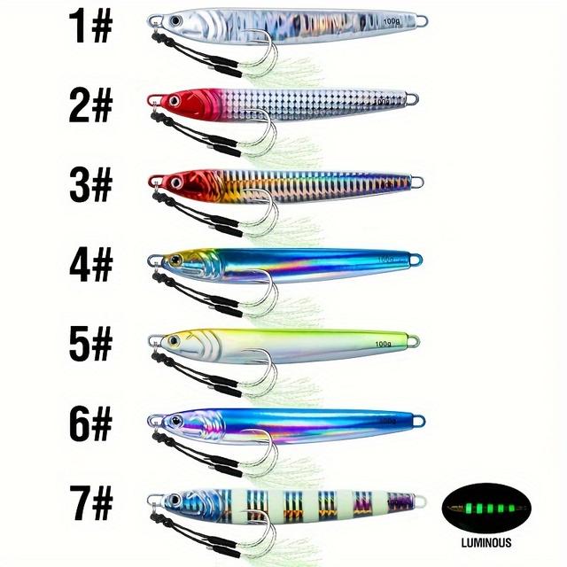 TEMU 40g/80g/100g Big Long Fast Jigging Casting Lure Luminous 7colors Fishing Metal Jig Bait With Double Assist Hook