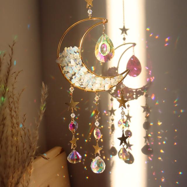 TEMU 1pc Natural Crushed Stone Moon, Quicksand Hourglass Moon With Amethyst, Rose Quartz, And Green Aventurine, Suitable For Home, Garden, Holiday, And Party Gifts
