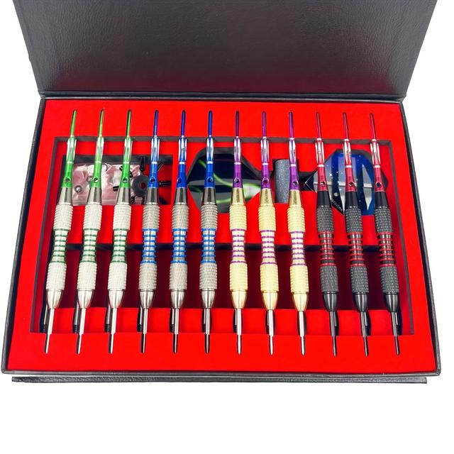 TEMU 12pcs/set Darts Metal Tip Set, Professional Metal Darts For , Steel Tip Darts With Nonslip Iron Barrel Aluminum Dart Shafts, Extra Flights, Dart Sharpener, Gift Box