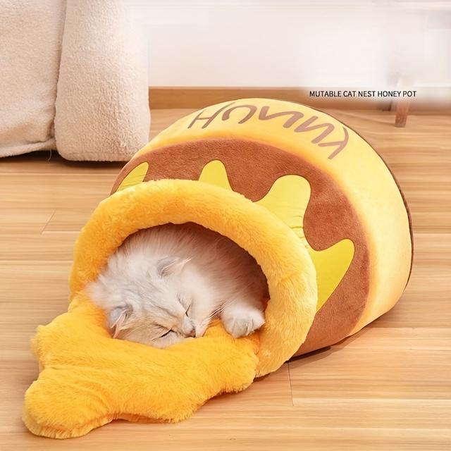 TEMU para Gatos con Forma de Tarro de Miel, Cama , y Cómoda para Otoño e Invierno, con Almohadilla Gruesa Interior Extraíble y Lavable, Accesorios para Mascotas