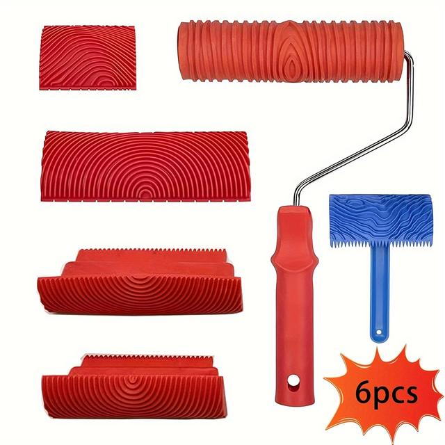 TEMU Wood Graining Tool Set, 6pcs 7" Fake Wood Grain Roller Painting Tool With Handle Diy Rubber Graining Tool Paint Wood For Wall Room Art Paint Decoration