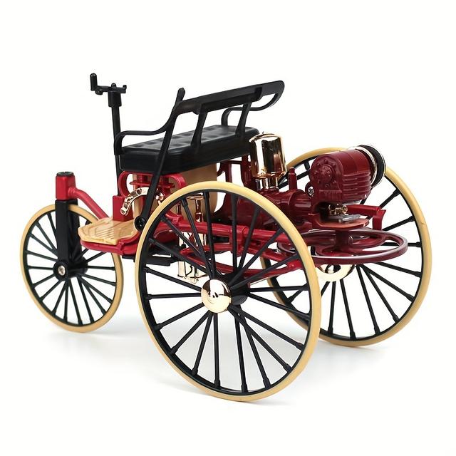 TEMU 1pc Vintage 1886 Classic Car Model Alloy Tricycle Replica, 1:12 Scale - Red/black With Golden Accents, Ideal For Outdoor Play & Holiday Gifts