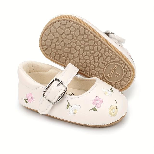 TEMU & Girls' Baby First Walker Shoes - Embroidered Princess Footwear With Non-slip Sole, Round Toe & Tape Closure For Spring/autumn ( & Fabric) - Suitable For Walkers