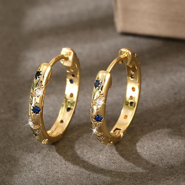 TEMU 1 Pair Of Luxurious Copper Inlaid Colorful Synthetic Zirconia Circles, Fashionable And Versatile Star And Earrings, A Gift For Women's Holiday Dates