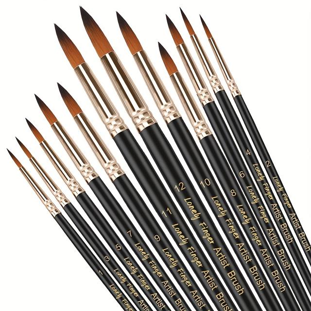TEMU Set De 12 Pinceles Redondos Profesionales Para Artistas Con Cerdas Sintéticas Suaves De Nylon Y Punta Afilada Para Pintura , Acrílico, Óleo, Gouache Y Pintura Facial Corporal