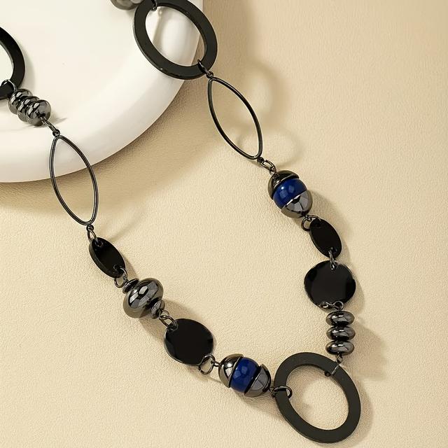 TEMU Vintage Black Resin Stone Jewelry - Long Necklace With Beads, Elegant V-neck Design For Women, Daily Wear Or Gifting, Valentine's Day Accessory, Everyday Jewelry|vintage Style|resin Stone Jewelry