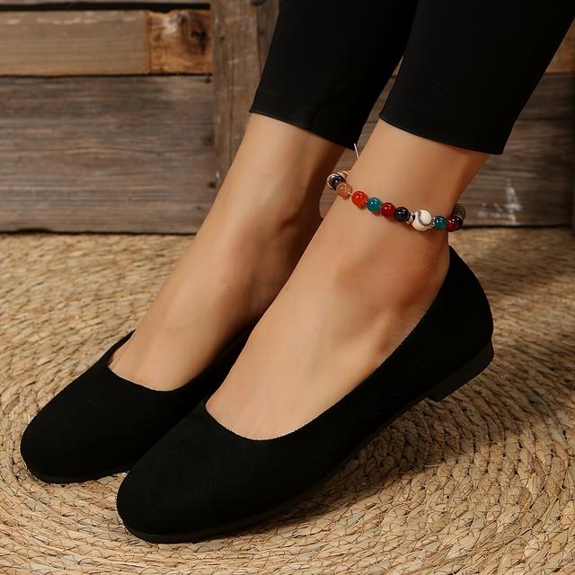 TEMU Women's Minimalist Flannel Ballet Flats, Black Slip-on Round Toe Shoes, Lightweight Footwear With Plastic Sole