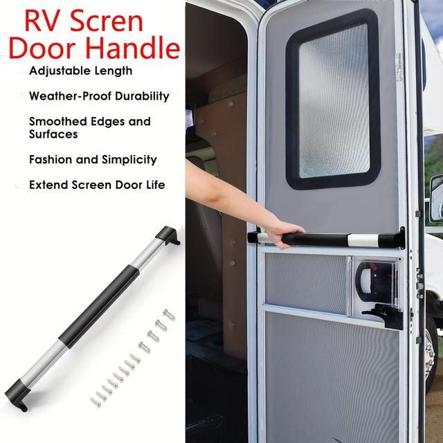 TEMU 1 pieza de mango ajustable para puerta de pantalla de RV, aleación de aluminio, 21-5/8" a 28-5/8" extendible para puertas exteriores de autocaravana, accesorios para autocaravana