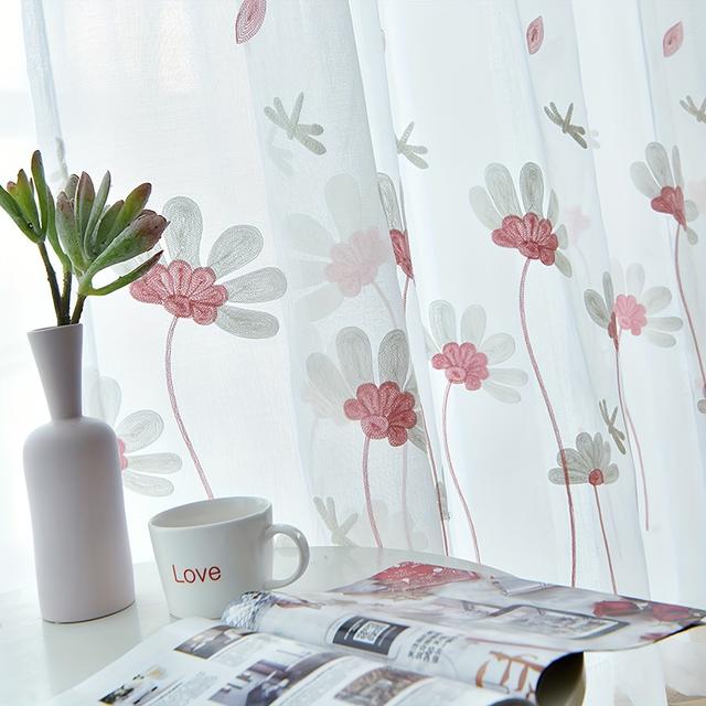 TEMU 1pc Cortina de tul minimalista con bordado de animales, mosquitera con bordado floral , transparente con bolsillo para barra, adecuada para la decoración de estar y dormitorios