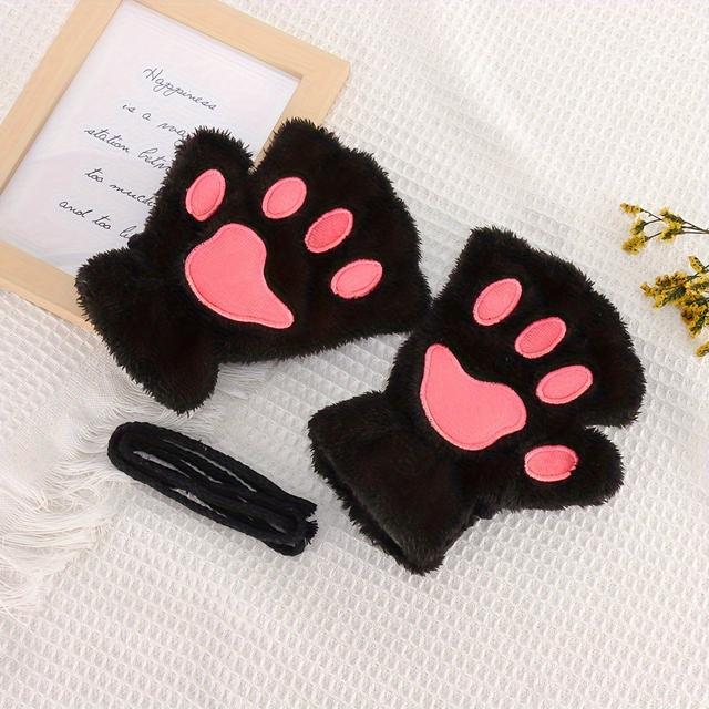 TEMU Cat Paw Gloves Winter Cute Cartoon Open Finger Gloves
