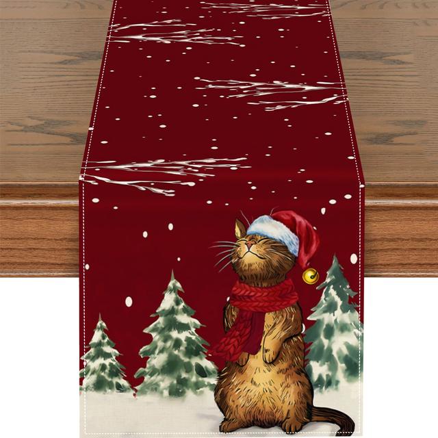TEMU 1pc Cat Christmas Tree Table Runner 13x72 Inch Seasonal Winter Merry Snowflake Holiday Farmhouse Style Table Decoration For Outdoor Home Party Decor