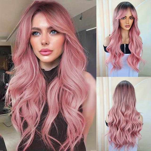 TEMU Pink Wavy Synthetic Wig With Tassel Brown Hair - Density Curly Wave For Women, Cap For Party Cosplay, Daily Wear & Special Occasions, Short Hair Wig, Cosplay Hairpiece, Natural Look Hairpiece