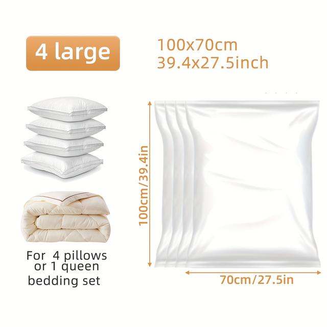 TEMU 4 Thick Vacuum Storage Bags That In Your Wardrobe And Bedroom, Suitable For Sealing Quilts, Blankets, And Clothes, Ideal For Travel.
