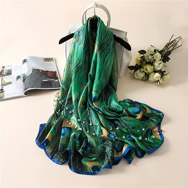 TEMU Green Print Boho Shawl Women Casual Windproof Wrap Travel Towel