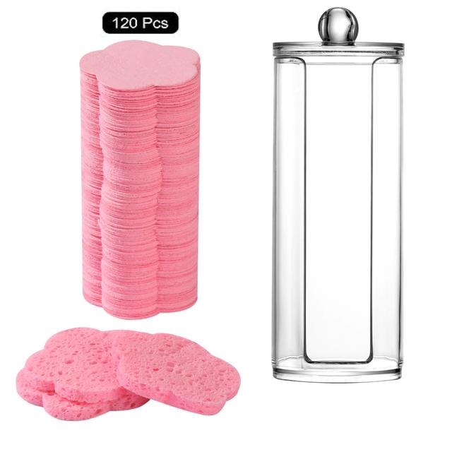 TEMU 120pcs Compressed Facial Sponges With Storage Container, Flower-shaped Reusable Makeup Sponges, Spa Sponges, Natural Sponge Pads, Wood Sponges For Exfoliation, Cleansing, And Makeup Removal