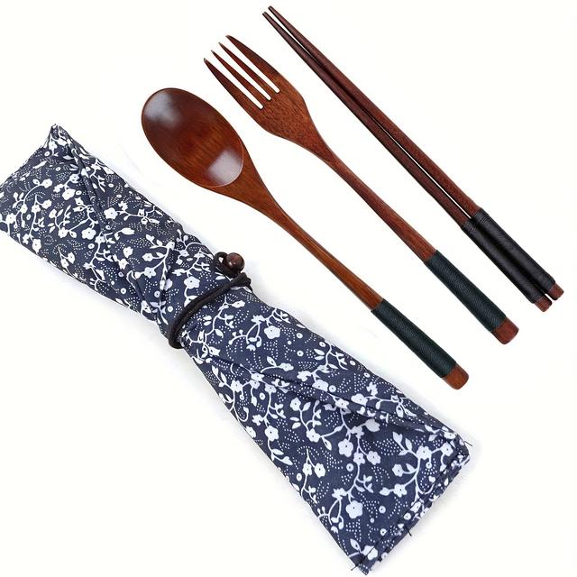 TEMU 3pcs Wooden Flatware Set With A Retro Cloth Pouch For Travel, Picnic, Camping Or Just For Daily Use -spoon, Fork, Chopstick