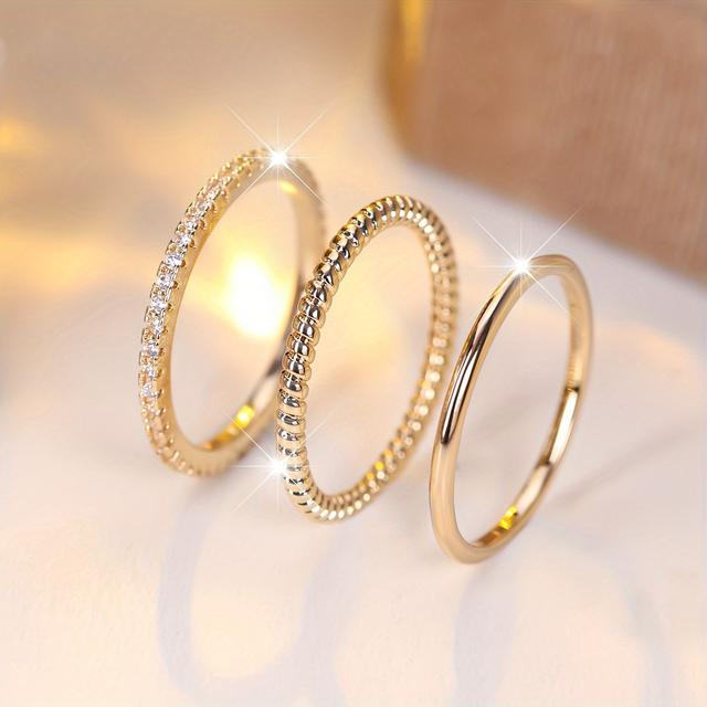 TEMU Elegant 3pcs Minimalist Ring Set With Cubic Zirconia - Daily Wear & Parties, December Birthstone