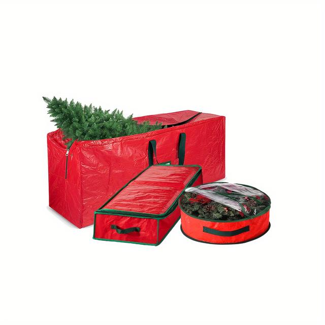 TEMU 3pcs Christmas Tree & Wreath Storage Bag Set - Plastic, Zippered Organizer For Holiday Decorations And Accessories, Ornament Storage, Wrapping Paper Storage, Gift Wrap Storage, Tree Storage