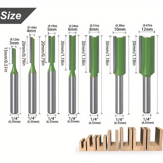 TEMU 7pcs 1/4" Shank Carbide Double&single Flute Straight Router Bit Set, 3/4/5/6/8/10/12mm Cutting Diameter Straight Bit Milling Cutter For Woodworking