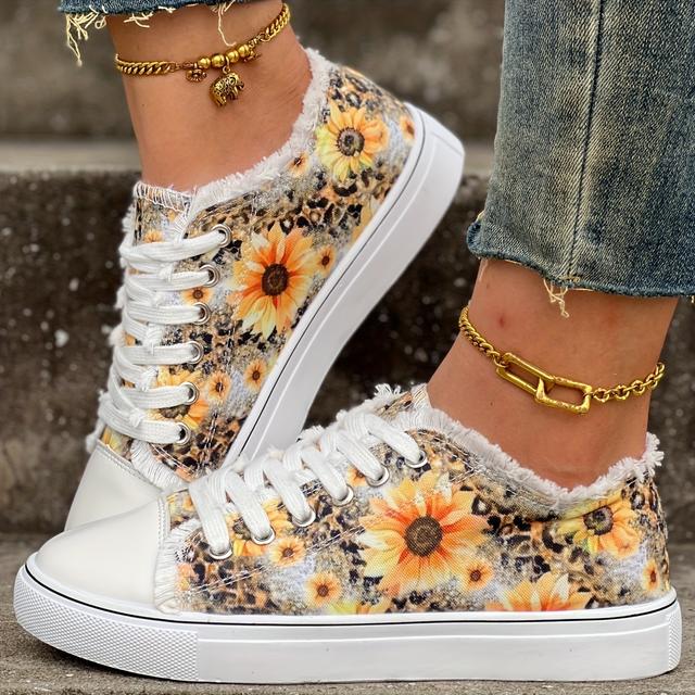 TEMU Fashion Print Sunflower Lace-up Casual Shoes, Women Shoes