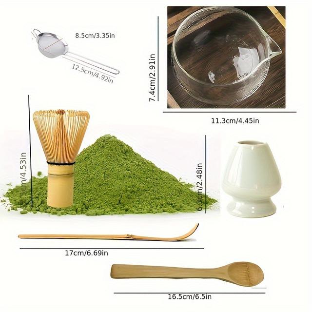 TEMU 6 قطع مجموعة ماتشا - فرشاة ماتشا، ملعقة، ماتشا، حامل، غربال ماتشا، زجاج صب ماتشا - سلطة كبير من الزجاج، كوب عصير، أدوات ماتشا