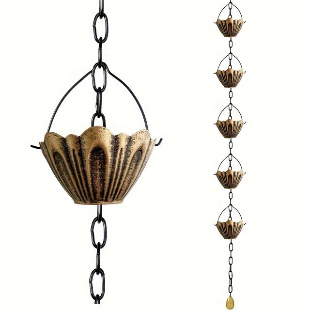 TEMU Chaîne de Pluie Décorative en Métal pour Gouttières Extérieures, Détournement d'Eau de Pluie de Jardin de 44.1 pouces avec Accents en de Fleur - Idéal pour la Décoration de Maison et de Patio
